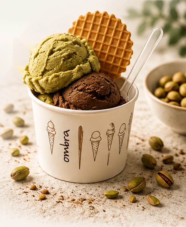 Ombra gelato cup in front of the laboratory in Rovinj